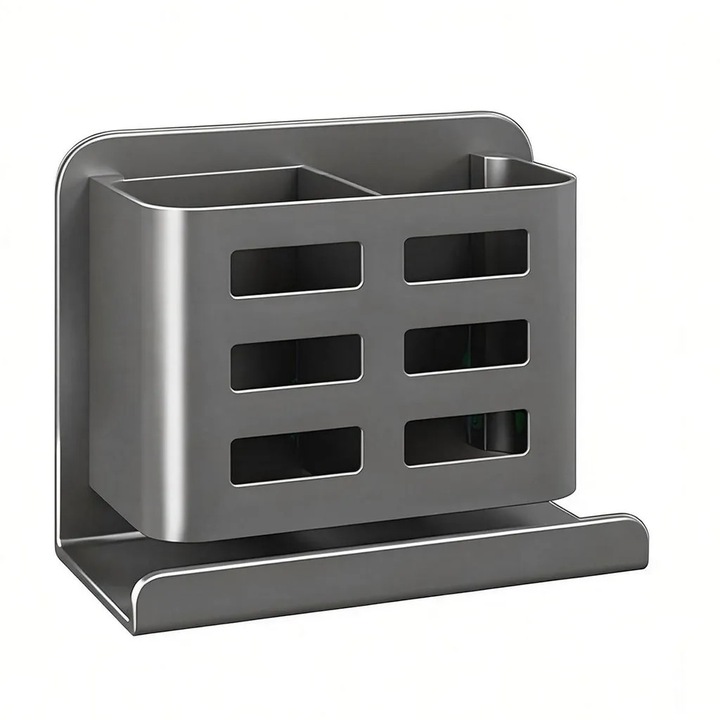 Suport dublu pentru periute de dinti montat pe perete, fara gaurire, gri mat, capacitate de 20 kg, design elegant