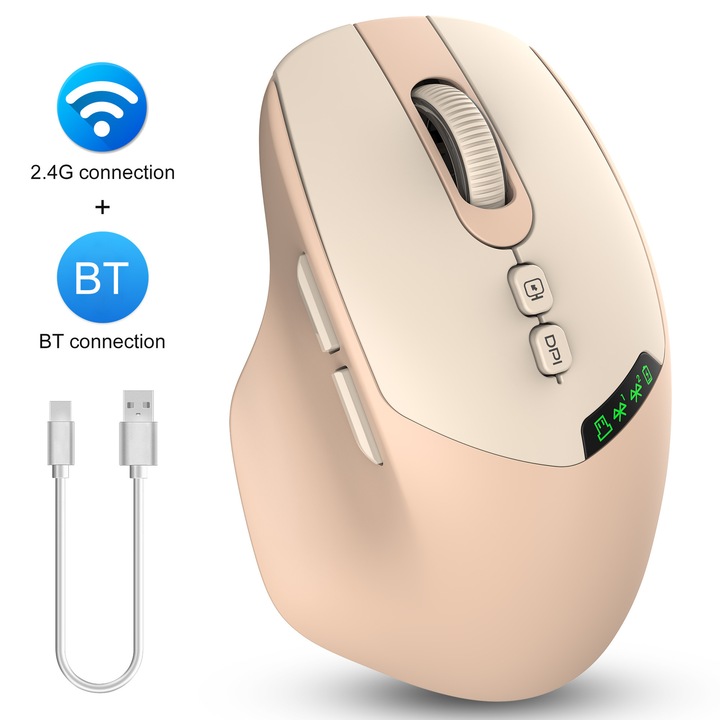 Mouse wireless, ergonomic, conectivitate duala, reincarcabil, bej