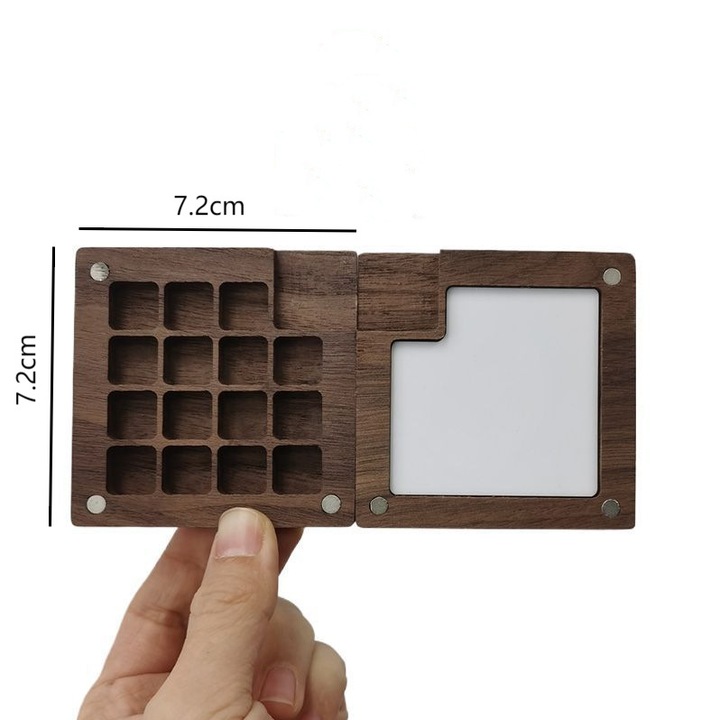 Paleta mini din lemn de nuc, 15 compartimente, design 2-in-1, portabila, pentru acuarela, dimensiuni mici
