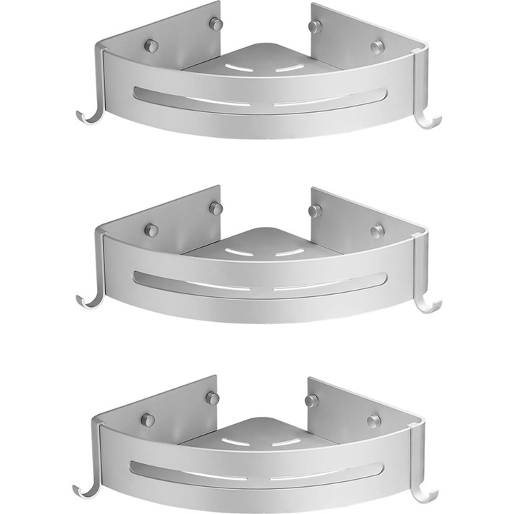 Suport coltar pentru baie, trei etaje, aluminiu, argintiu, dimensiuni compacte
