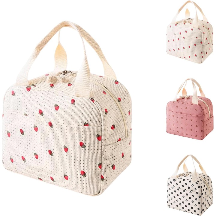 Geanta termo-izolanta cu capacitate mare, model floral, 26x18x21 cm, impermeabila, pentru birou, scoala, picnic, set reutilizabil.