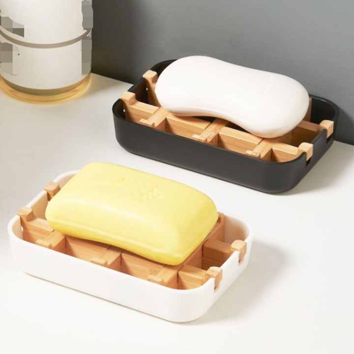 Set suporturi pentru sapun, 2 bucati, bambus natural, cu tava de scurgere, 8.5x13.2cm, alb-negru