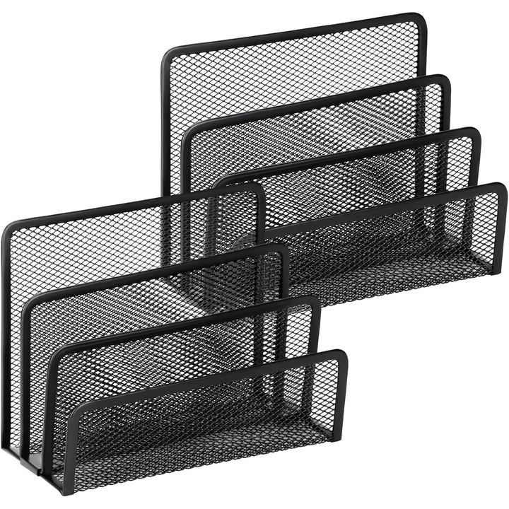 Suport articole birou, organizator corespondenta, metal, 3 compartimente, negru, set de 2 piese