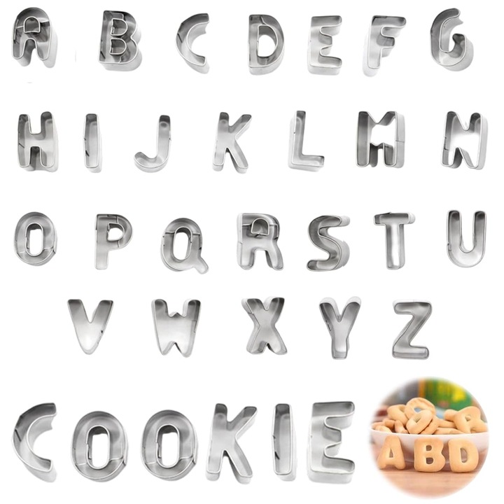 Set de forme pentru prajituri din otel inoxidabil, 26 litere, 7.6cm, argintiu