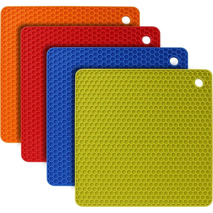 Set de 4 suporturi termice din silicon, rezistente la caldura pana la 250C, design anti-derapant, 18.50x18.50x0.5cm, multicolor