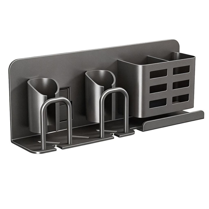 Suport autoadeziv pentru perete din aluminiu, multifunctional, negru, 30x10x5cm