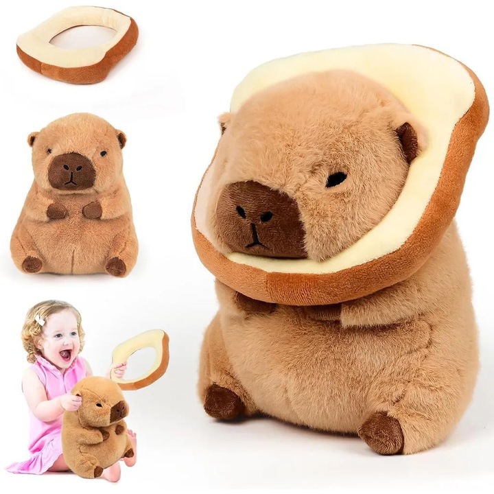 Jucarie de plus Capybara, 25cm, cu perna detasabila in forma de paine, moale si confortabila, multicolor
