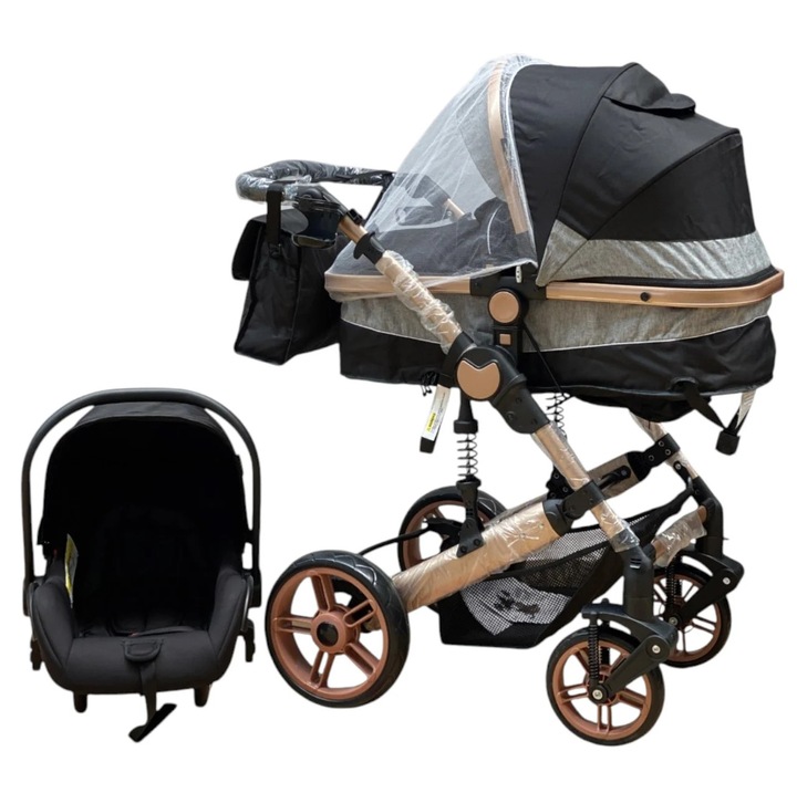 Carucior 3 in 1, Negru, pliabil, reversibil, pentru copii 0-36 luni, greutate max. 15 kg