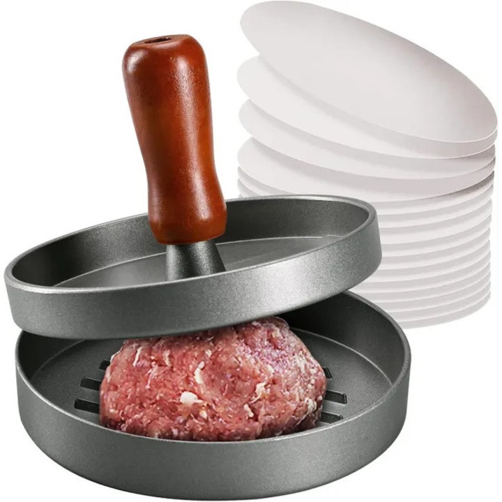 Forma pentru hamburger din otel inoxidabil, cu maner din lemn, set 100 foi pentru burgeri, 11.5cm