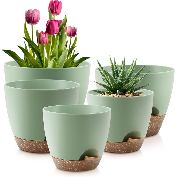 Set de 5 ghivece auto-udante din plastic, cu orificii de drenaj, pentru plante de interior si exterior, 10x9x8x7.5x7 inch, verde