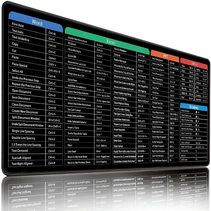 Mousepad XL cu scurtaturi pentru Excel, anti-derapant, din cauciuc natural, 80x40cm