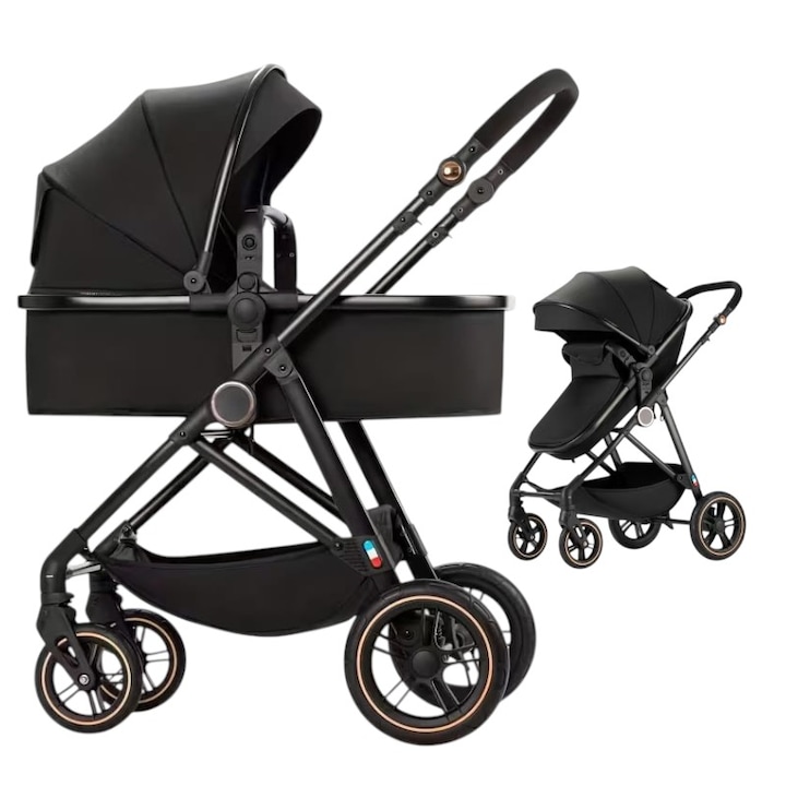 Carucior Bebelusi 2 in 1 Kaedyn F8, Transformabil Landou si Sport, Suspensii Triple, Culoare Neagra, Greutate 7.8kg