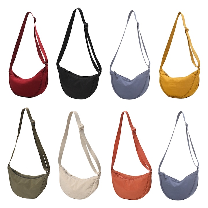 Geanta crossbody pentru femei, verde masliniu, forma semiluna, material nylon, dimensiuni 34x15x7cm
