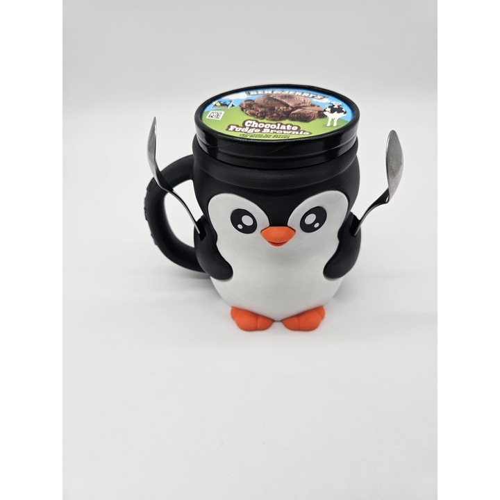 Suport tip Cana pentru Inghetata Pinguin Kawaii - Compatibil Pint 500ml - Sertar Toppinguri - 2 Locasuri Linguri - Negru/Alb/Portocaliu