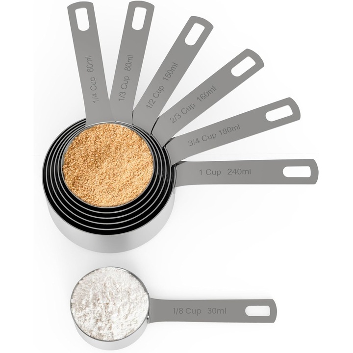 Set de linguri si cupe de masurare din otel inoxidabil, 7 piese, pentru ingrediente uscate si umede, cu maner lung, cu inel de stocare