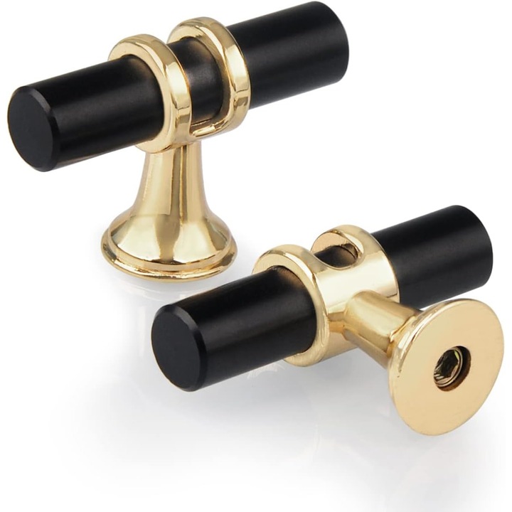 Set de 10 manere pentru sertare T, zinc, design cu un singur orificiu, negru cu baze aurii