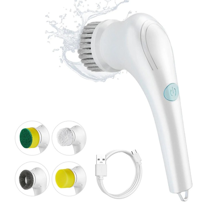 Perie electrica rotativa de curatare, 5 capete de curatare, design portabil, impermeabil IPX7, acumulator 800 mAh