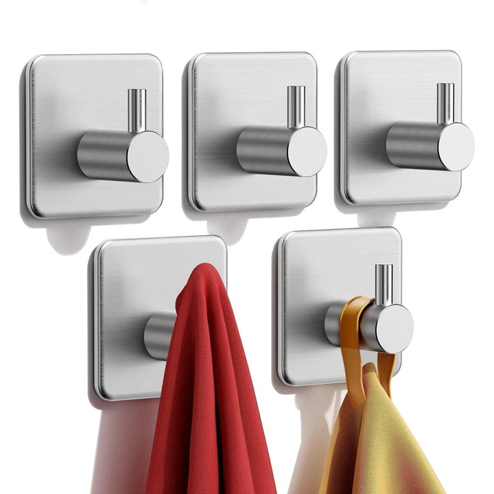 Set suporturi autoadezive pentru prosoape, 10 bucati, inox, rezistente la apa