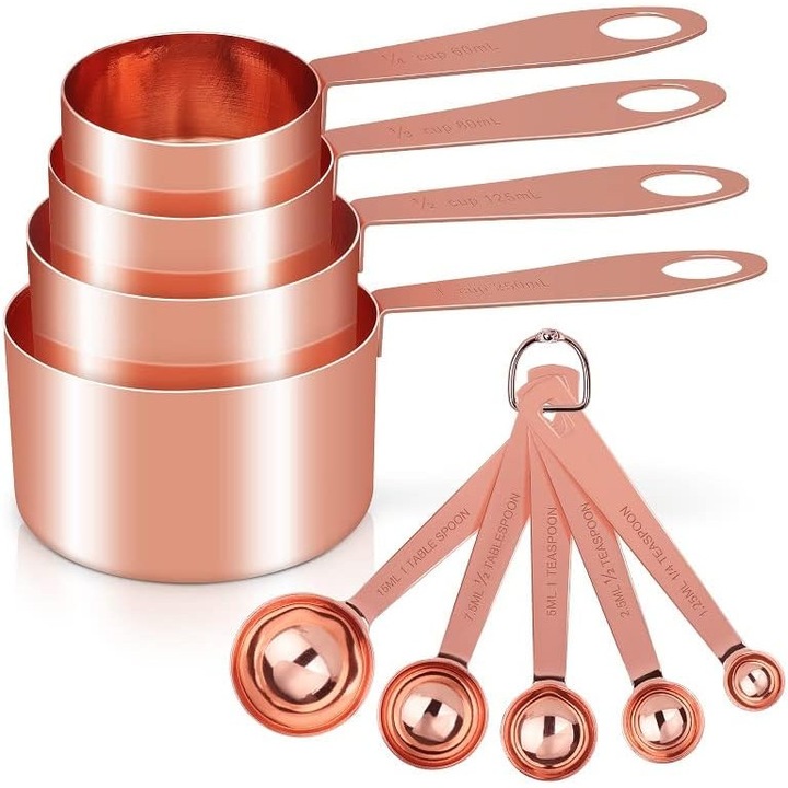 Set de 9 ustensile de masurat, inox, finisaj aurit, dimensiuni variate, pentru gatit si coacere