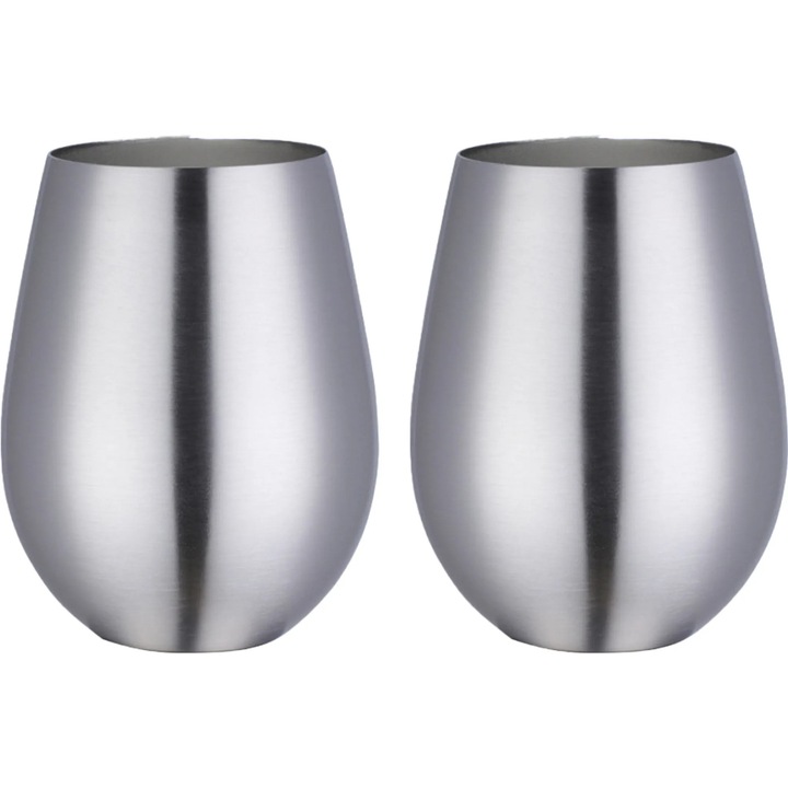 Pahare din otel inoxidabil fara manere, set de 2, design sferic, potrivite pentru camping si activitati in aer liber