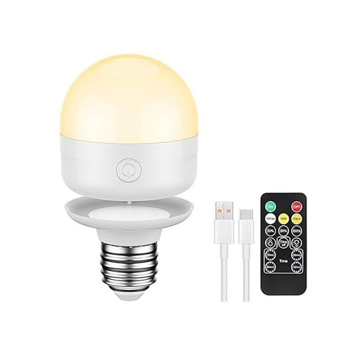 Bec reincarcabil cu telecomanda, E27, 3 temperaturi de culoare, 60mm, impermeabil IP44