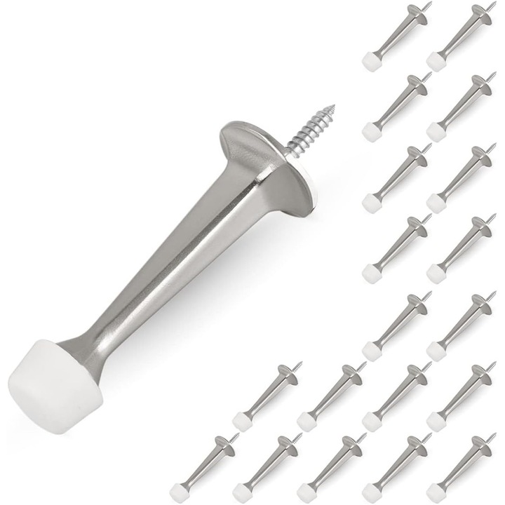 Set de 20 opritoare de usa din aliaj de zinc cu capete din cauciuc moale, finisaj nichel satinat, protejeaza peretii si usile