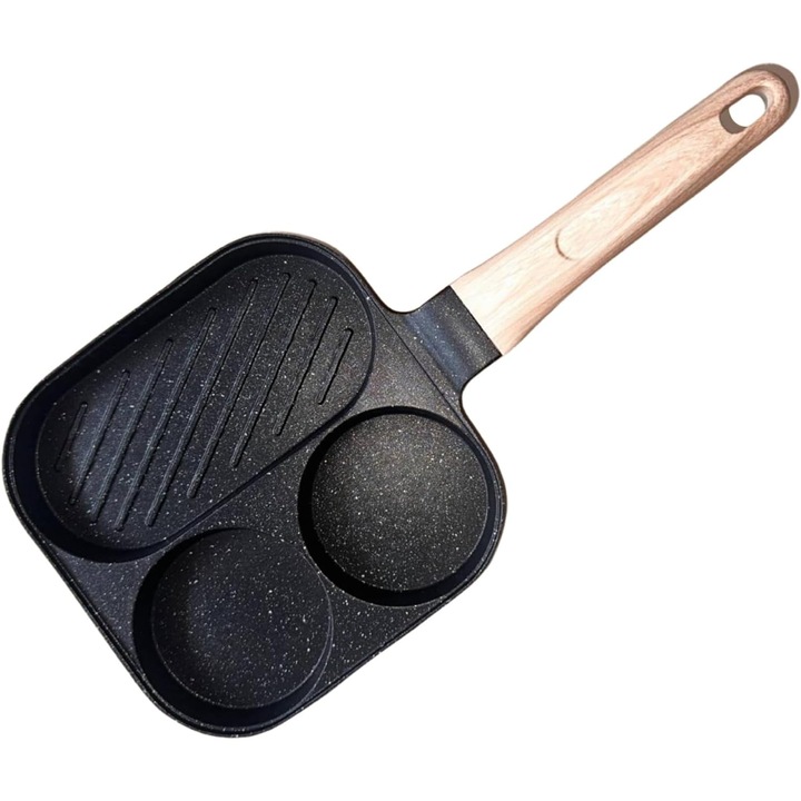 Tigaie 3-in-1, 36x18cm, capacitate 3 cupe, non-aderenta, pentru oua, clatite, fripturi, sandwich-uri