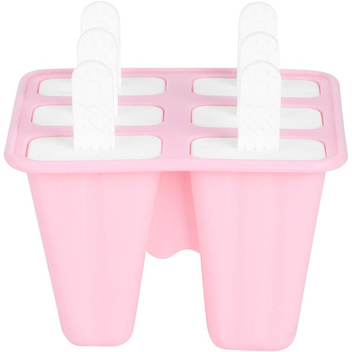 Forma de inghetata din silicon roz, reutilizabila, cu maner, pentru 4 sau 6 popsicle, material de calitate alimentara