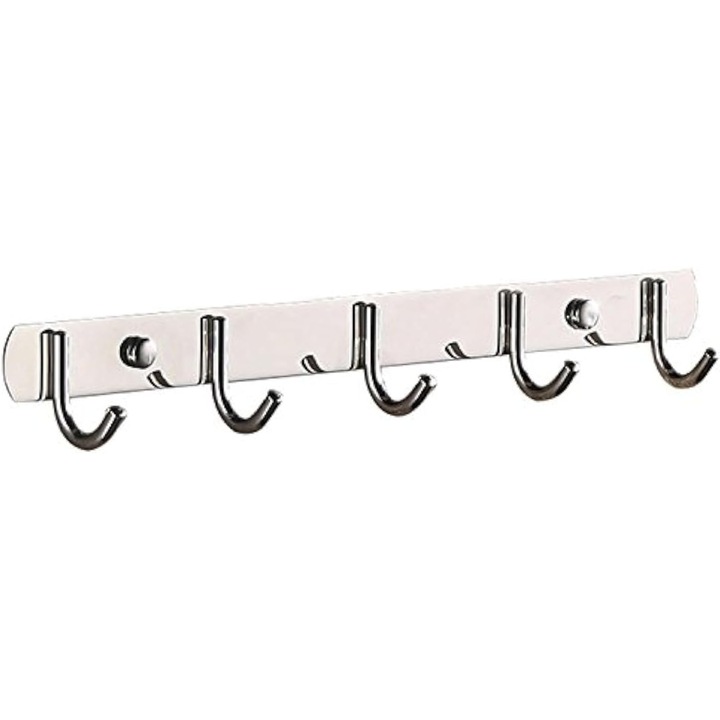 Suport pentru prosoape din otel inoxidabil, 5 carlige, dimensiuni 37x4.8x5 cm, montare pe perete, pentru interior, utilizare variata