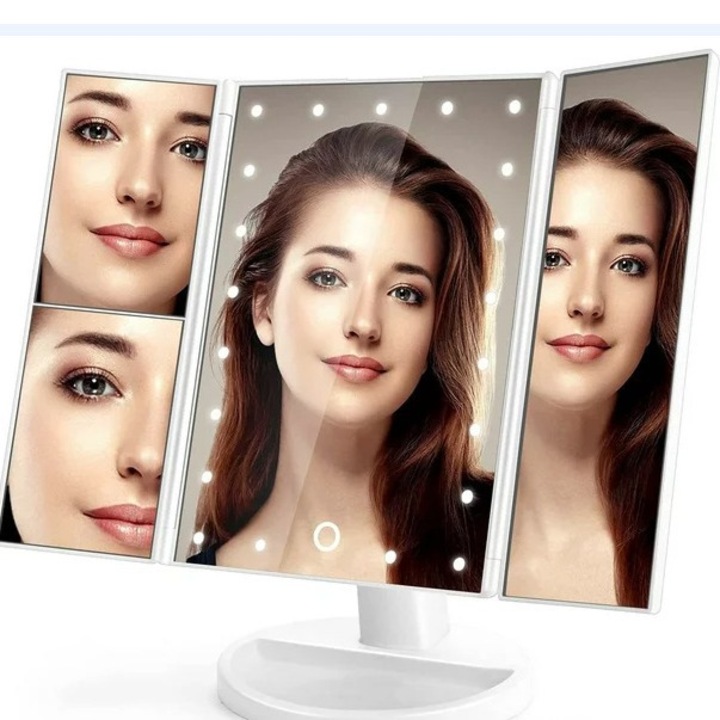 Oglinda cosmetica LED, 21 lumini, 2x/3x marire, alb, cu suport pentru birou