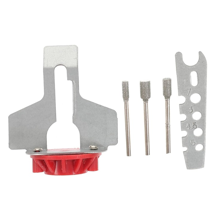 Set de ascutire pentru ferastraie cu lant, ascutitor de lant, ghid de unghi, metal, stabilitate, performanta, multicolor.