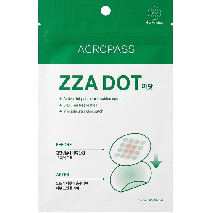 Plasturi pentru acnee, Acropass ZZA DOT, 45 buc, cu BHA și ulei de Tea Tree, pentru toate tipurile de ten