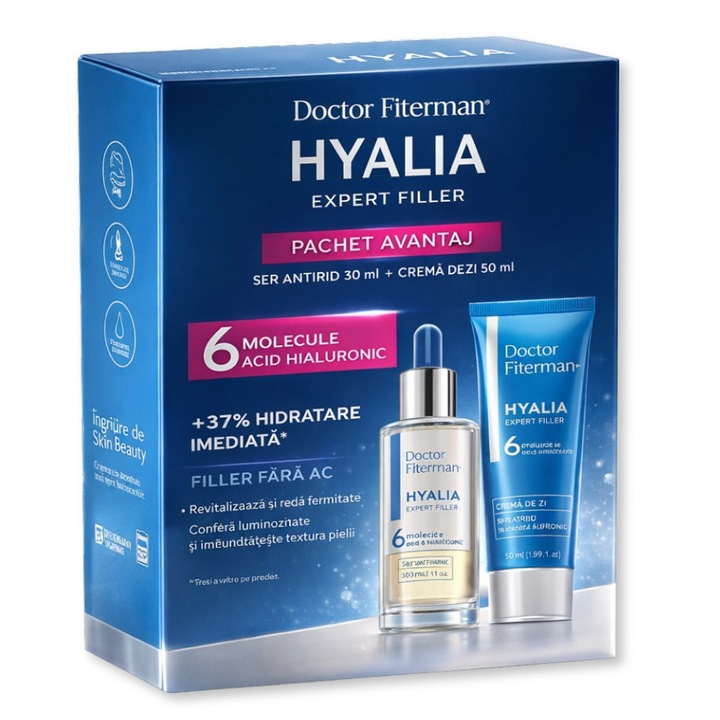 Set ingrijire fata Doctor Fiterman Hyalia Expert Filler, ser antirid 30 ml + crema de zi 50 ml, hidratare intensa, anti-aging