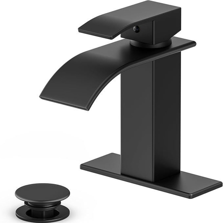 Baterie sanitara moderna cu design cu un singur maner, neagra mat, iesire tip cascade