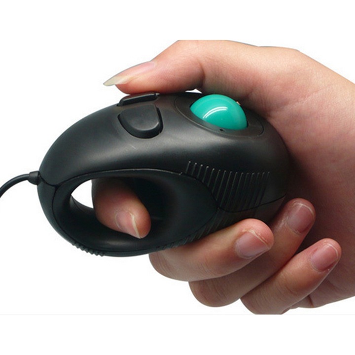 Mouse ergonomic cu fir, trackball mini, negru, design confortabil, USB 2.0