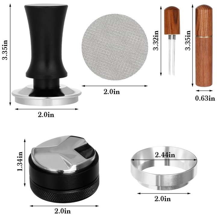 Set accesorii espresso 51mm, tamper, distribuitor ajustabil, inel de primire, disc filtrant, 2 piese
