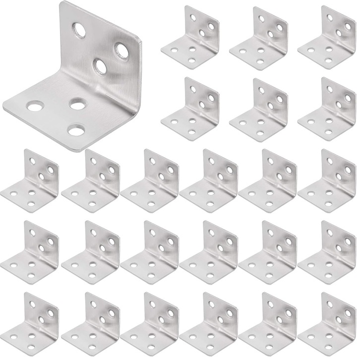 Set 25 suporturi coltare din otel inoxidabil, 31x31x38mm, 6 gauri, pentru mobila