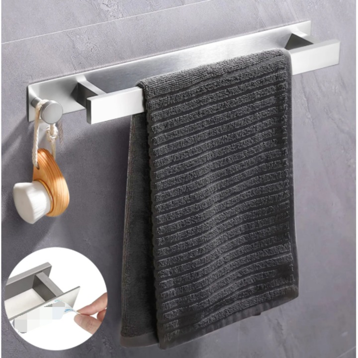 Suport autoadeziv pentru prosoape, 40x6.3x4cm, inox, instalare fara gaurire, pentru prosoape de oaspeti si prosoape de baie