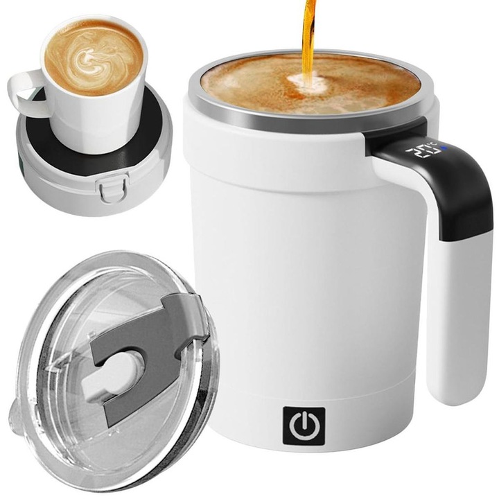 Cana auto-amestecatoare cu display de temperatura, 380ml, design compact, pentru bauturi calde