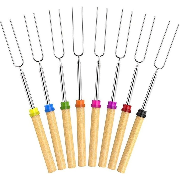 Set de 8 skewer-uri retractabile pentru marshmallow, ustensile gratar, inox, manere din lemn, 30cm, multicolor