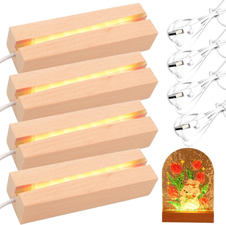 Téglalap alakú fa LED lámpa tartó, 150x45x30mm, 3W, USB kábellel, 4 darabos szett