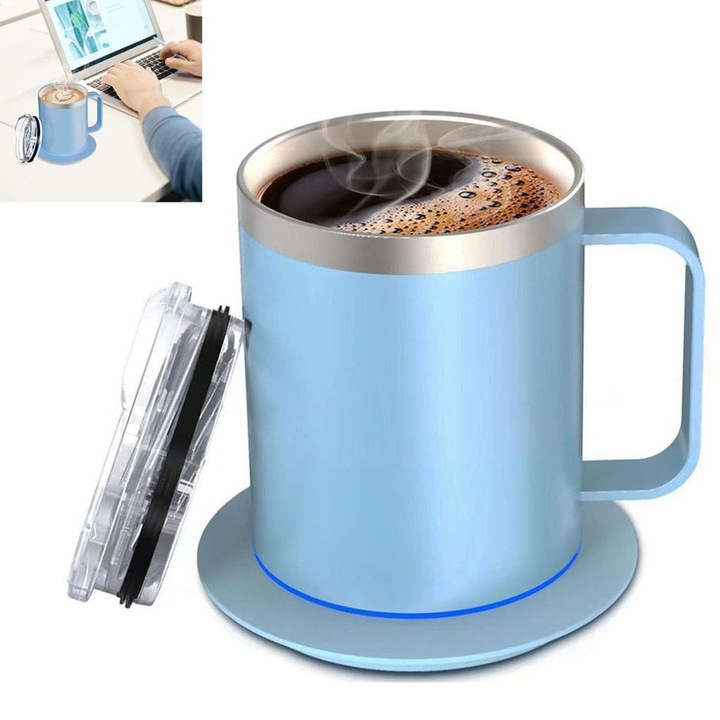 Set termos din otel inoxidabil 304, 300ml, cu capac si suport de incalzire USB