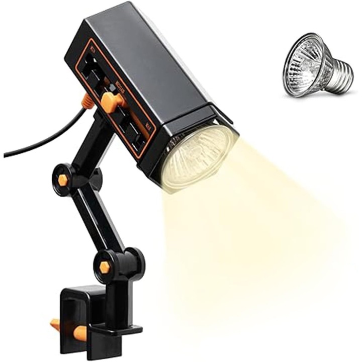 Lampa pentru reptile cu functie de incalzire, brat rotativ 360°, emisie de lumina similara soarelui, raze UVA/UVB, 25W, neagra