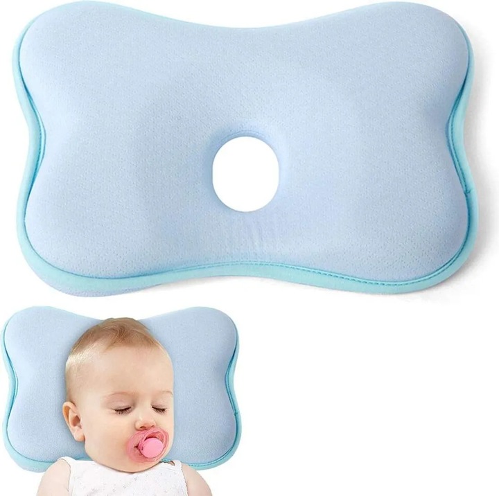 Perna ortopedica pentru corectarea sindromului cap plat la sugari, perna din spuma cu memorie, design ergonomic, albastra, set