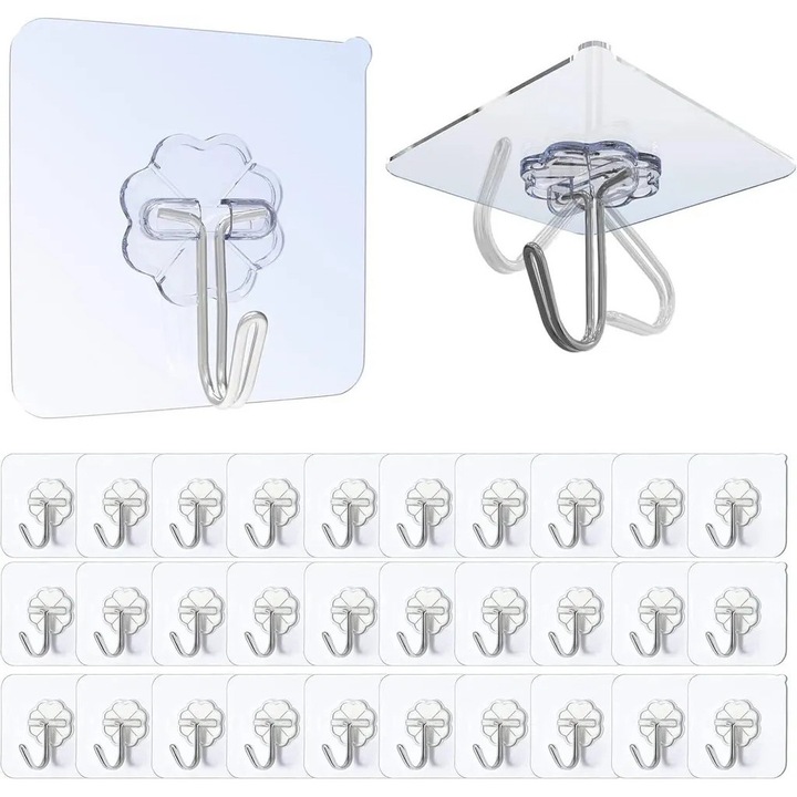 Set de 30 suporturi autoadezive transparente, fara gaurire, pentru organizare acasa