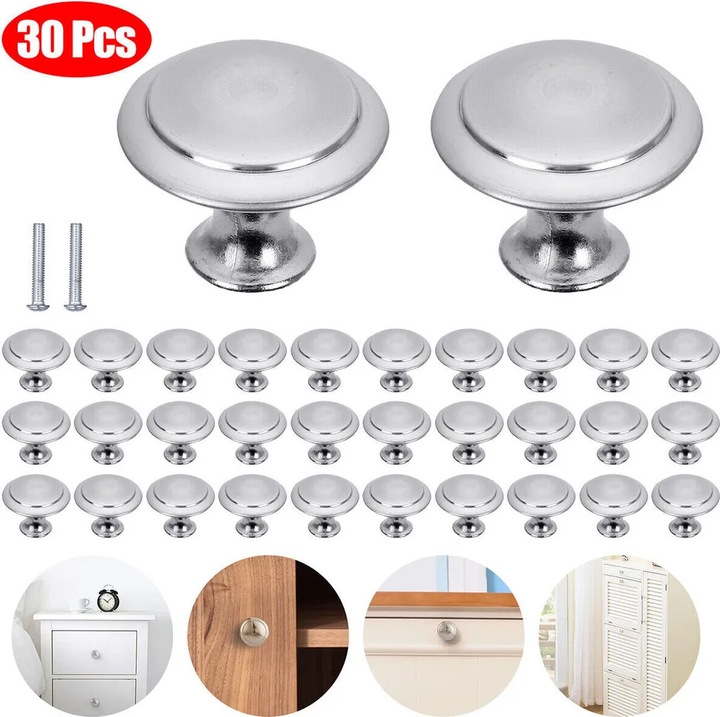 Set 30 butoane pentru mobilier, 30mm, din otel inoxidabil, design ciuperca, pentru dulapuri si sertare