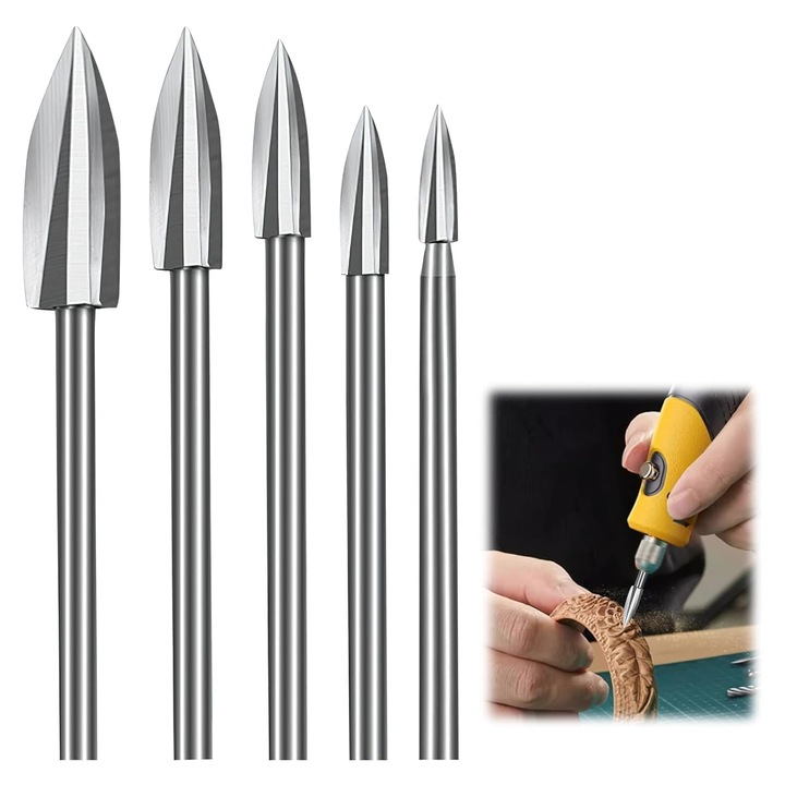 Set de unelte de sculptura din lemn 5 piese, inclusiv burghiu pentru sculptura, 1/8 inch, otel alb, compatibil cu unelte rotative