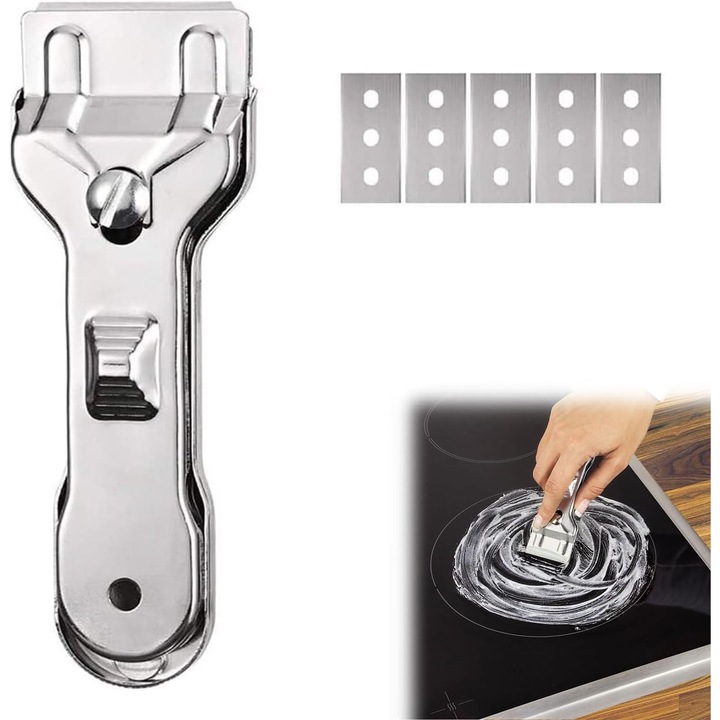 Razuitor metalic cu 5 lame de schimb, ergonomic, pentru curatarea sticlei, tigailor si etichetelor