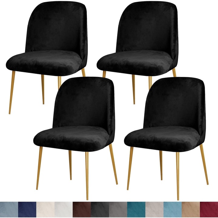 Husa scaun cu spatar curbat, set de 4 piese, stil medieval modern, elastic, negru, dimensiuni 35-40cm x 45-50cm x 40-45cm