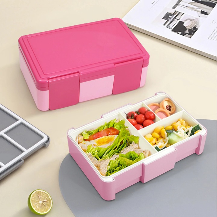 Set cutii alimentare, 1450ml, design cu 4 compartimente, include set tacamuri si recipient sos, rosu roz.